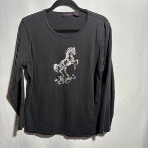 Wrangler Womens Top XL Black Long Sleeve Horse Graphic T Shirt Casual SEE Grunge